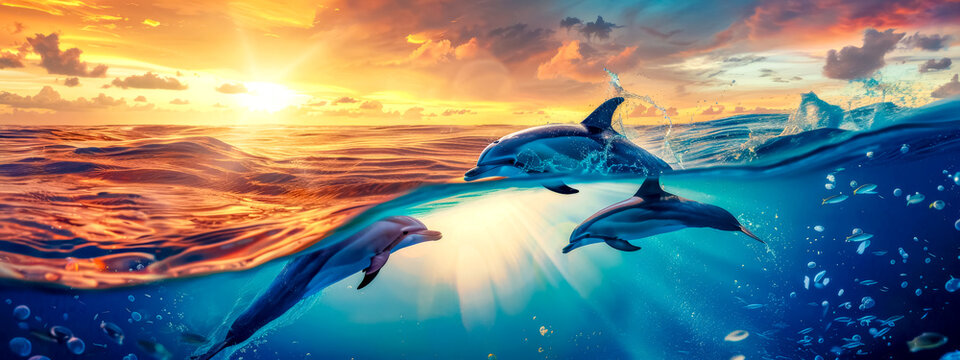 Dolphins leaping at sunset in ocean