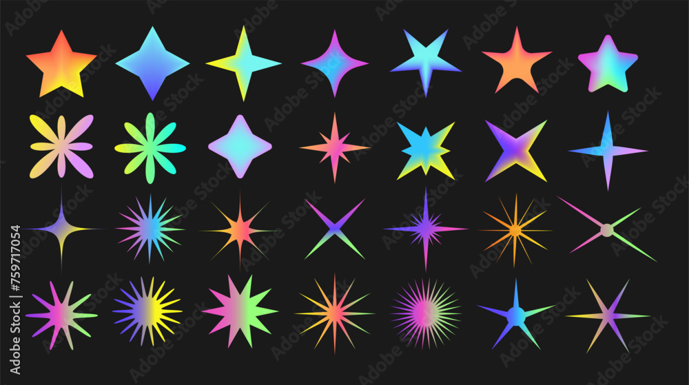 Poster set of colorful star shape in brutalist y2k style. collection of neon gradient mesh elements. abstra