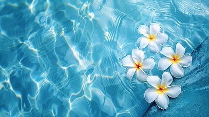 Fototapeta na wymiar Tropical frangipani flowers in a top view floating over a background of blue water with plenty of space for text, Generative AI.