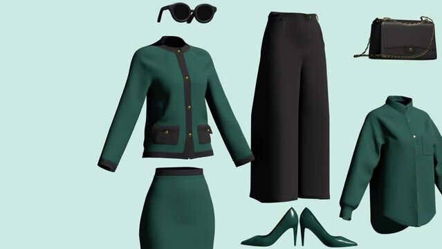 Set of green business clothes with suit and bag. Minimal modern motion design. Abstract animation