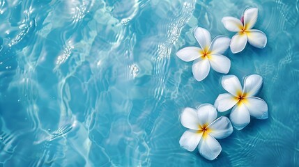 Tropical frangipani flowers in a top view floating over a background of blue water with plenty of space for text, Generative AI.