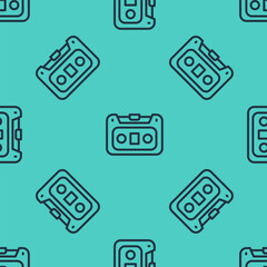 Black line Retro audio cassette tape icon isolated seamless pattern on green background. Vector