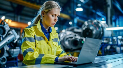 A female engineer in a yellow vest is focused on her laptop at an industrial setting with machinery in the background