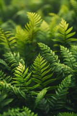 A close up of evergreen fern leaves, a terrestrial plant, in a forest. Ferns are nonvascular land plants that provide groundcover in natural landscapes