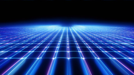 Blue and purple glowing neon grid on black background in perspective