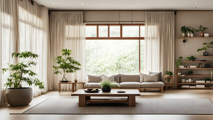 The bedroom with modern decoration, bright french window, and huge multi seat sofa surround the tea table

