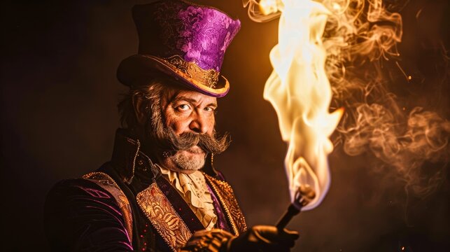 A captivating image of a performer in a purple top hat holding a flame, surrounded by mystery and allure