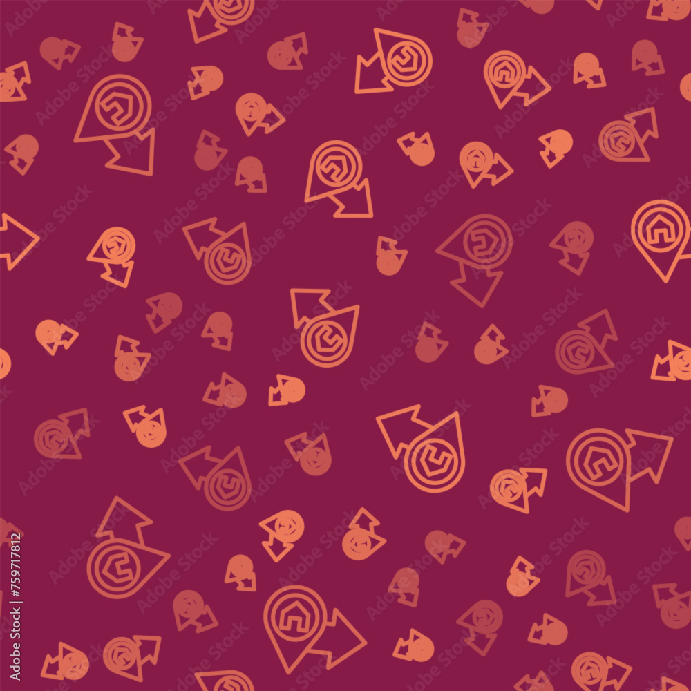 Poster brown line map pointer with house icon isolated seamless pattern on red background. home location ma