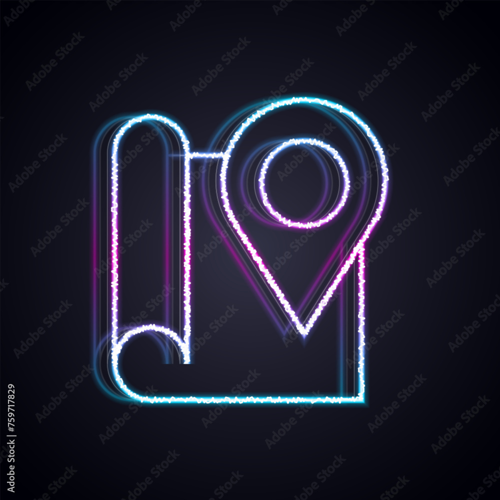 Poster glowing neon line folded map with location marker icon isolated on black background. vector