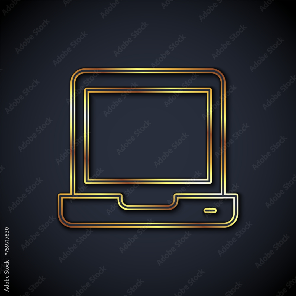 Poster gold line laptop icon isolated on black background. computer notebook with empty screen sign. vector