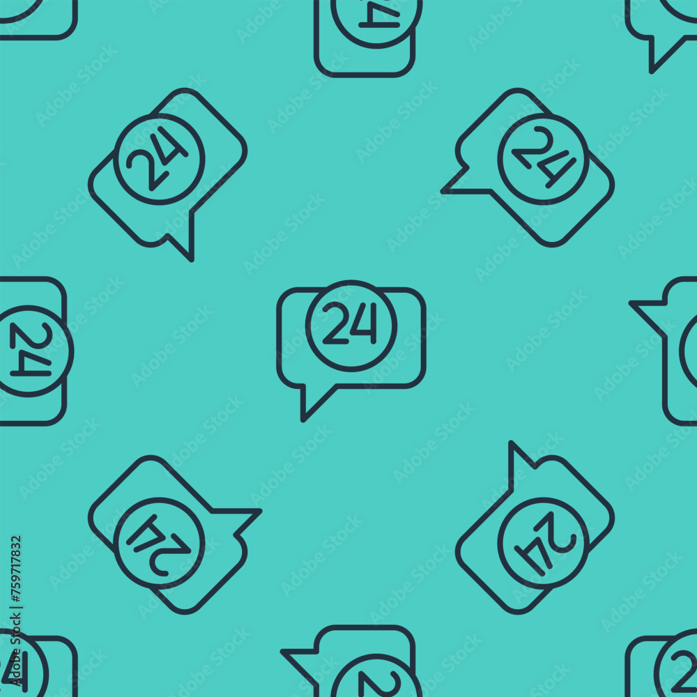 Poster black line telephone 24 hours support icon isolated seamless pattern on green background. all-day cu