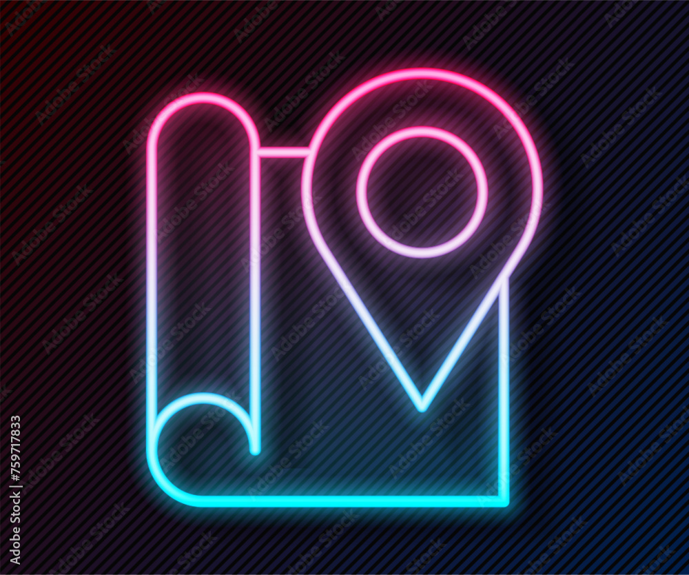 Poster glowing neon line folded map with location marker icon isolated on black background. vector