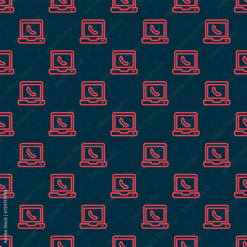 Poster red line telephone 24 hours support icon isolated seamless pattern on black background. all-day cust