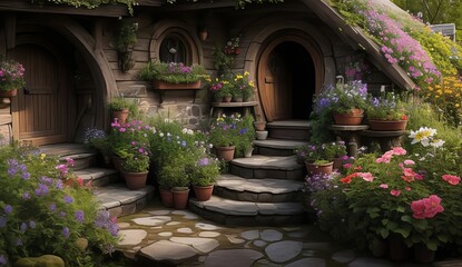 Hobbit house stairs lined with potted flowers in front of buildings, in the style of rustic textures, charming, idyllic rural scenes - obrazy, fototapety, plakaty