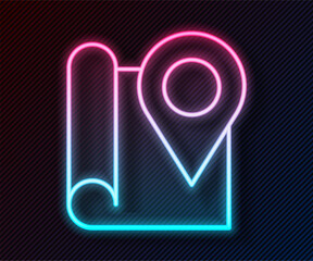 Glowing neon line Folded map with location marker icon isolated on black background. Vector