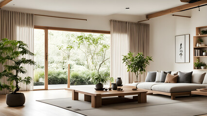 Fototapeta premium The bedroom with modern decoration, bright french window, and huge multi seat sofa surround the tea table