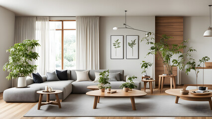 Fototapeta premium The bedroom with modern decoration, bright french window, and huge multi seat sofa surround the tea table