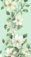 Fototapeta premium Tender white blossom on light green background. Vertical floral pattern, flat lay, top view. Greeting, invitation card concept