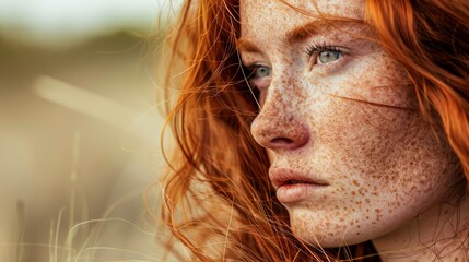 A striking redhead with freckles gazes intensely off-camera, set against a softly blurred natural background