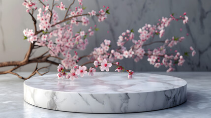 Round marble stone podium platform stand for product presentation and spring flowering Sakura branch with pink blossom flowers on neutral background. Front view.