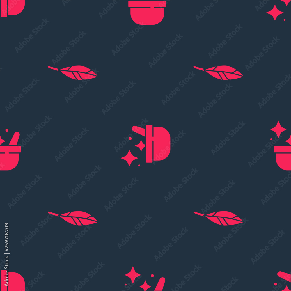 Poster set magic feather and witch cauldron on seamless pattern. vector
