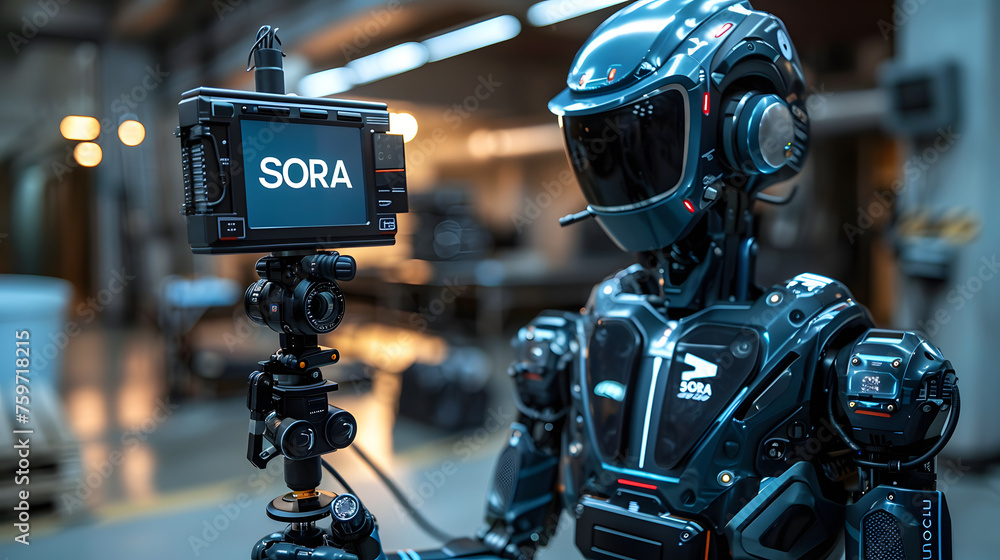 Poster advanced humanoid robot filmmaker demonstrating sora text-to-video ai model in a high-tech videograp