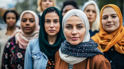 A group of diverse women standing together with a woman wearing a hijab in the foreground