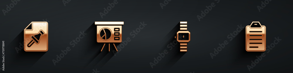 Aufkleber set note paper with push button, board graph, wrist watch and to do list or planning icon with long 