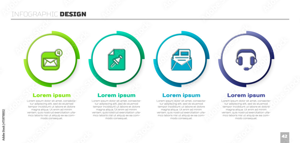 Poster set envelope, note paper with push button, mail and e-mail and headphones. business infographic temp