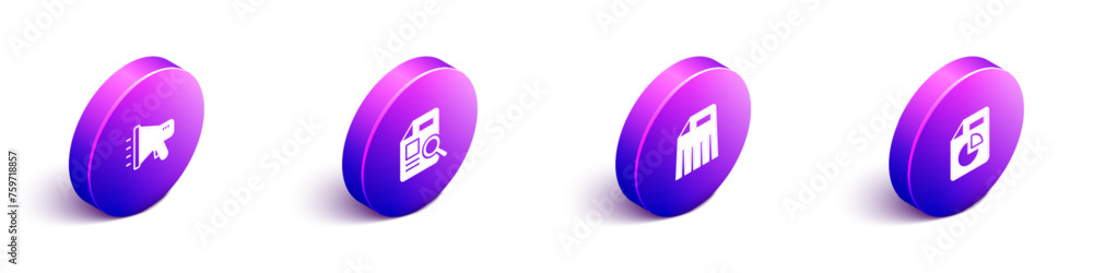 Poster set isometric megaphone, document with graph chart, paper shredder and icon. vector
