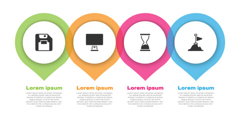 Set Floppy disk, Computer monitor, Old hourglass and Mountains with flag top. Business infographic template. Vector