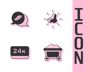 Set Mine cart with gold, Gold bars, 24k and nugget icon. Vector