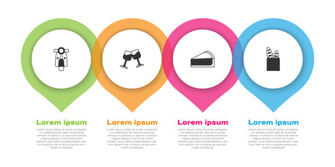 Set Scooter, Wine glass, Cherry cheesecake slice and French baguette bread. Business infographic template. Vector