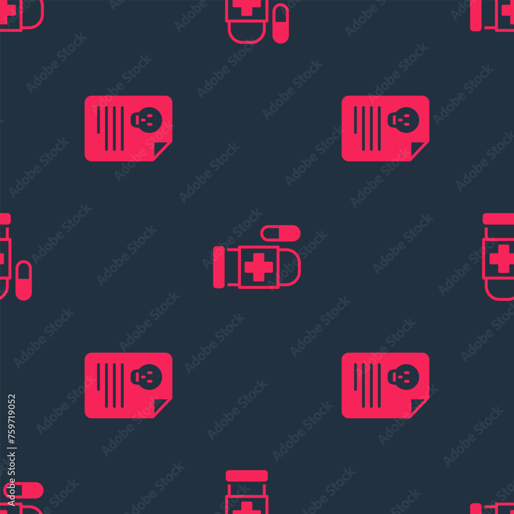 Poster set radiation warning document and antidote on seamless pattern. vector