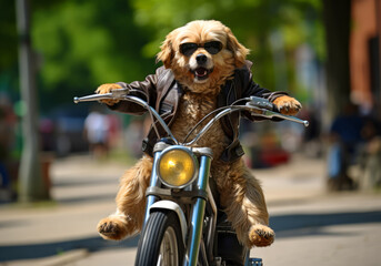 Happy lap dog riding a motorcycle bike in a leather jacket and glasses.