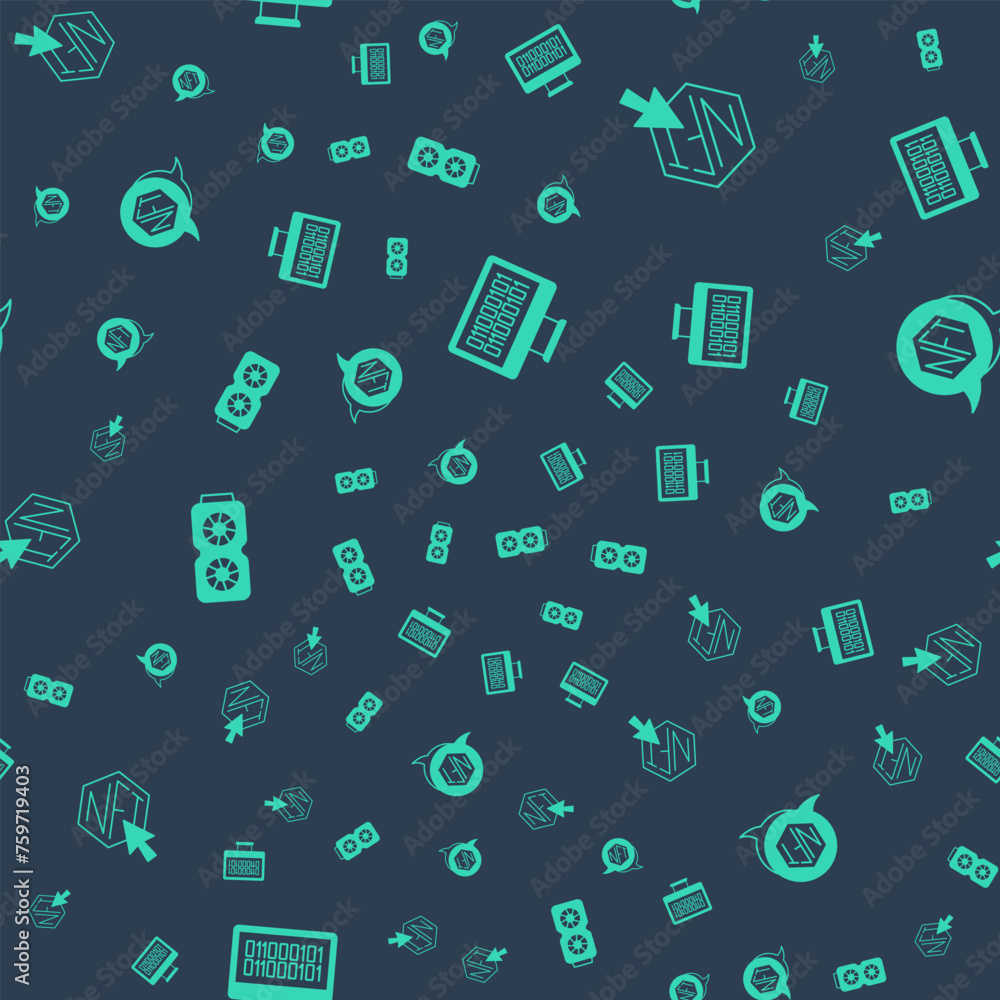 Poster set binary code, nft digital crypto art, video graphic card and on seamless pattern. vector