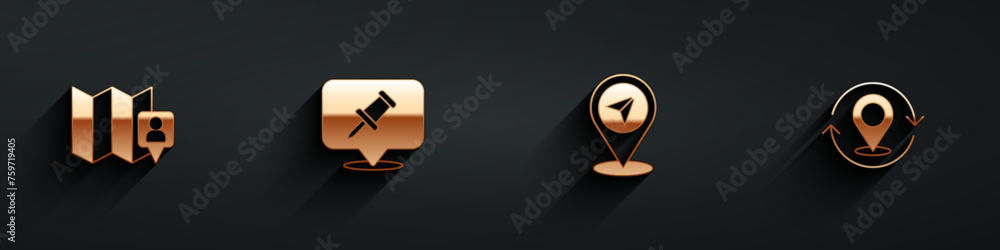 Poster set folded map with location marker, push pin, map and icon with long shadow. vector