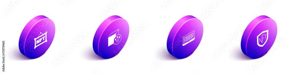 Poster set isometric nft digital crypto art, binary code and shield icon. vector