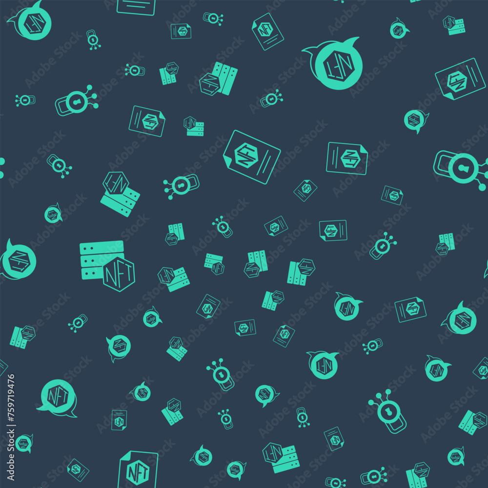 Poster set nft contract, digital crypto art, blockchain technology and cyber security on seamless pattern. 