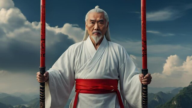 A portrait of a martial arts master in a white gi, holding two red staffs with a dignified posture against a mountainous backdrop.

