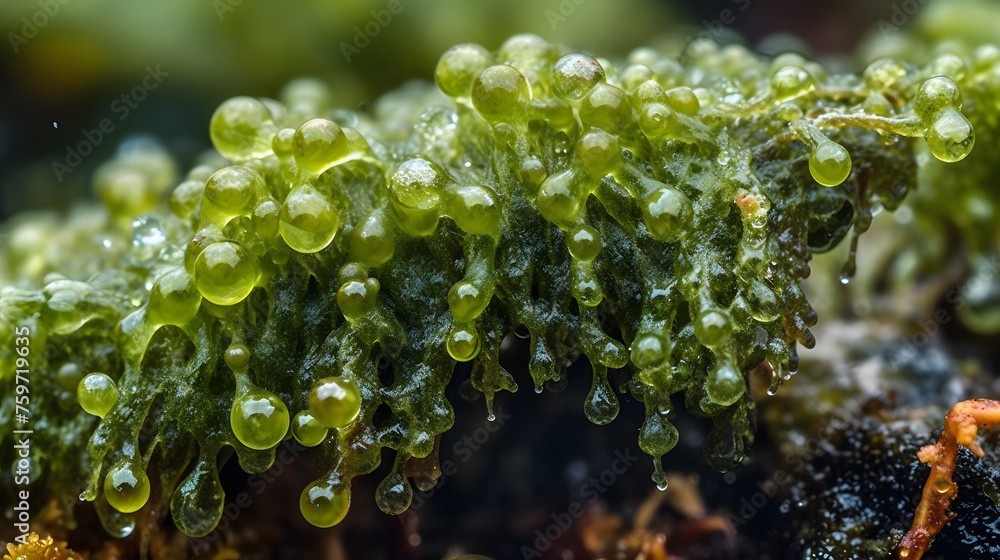 Poster wet and damp green algae lichen macro image