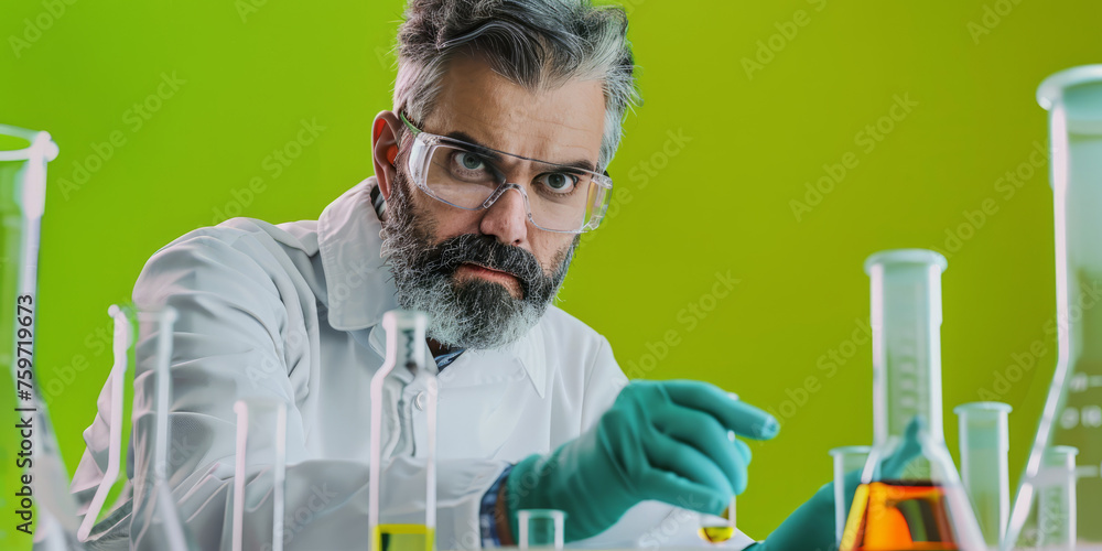 Poster inquisitive male scientist experimenting with colorful liquids in a lab setting