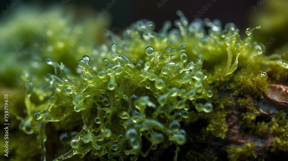 Poster wet and damp green algae lichen macro image