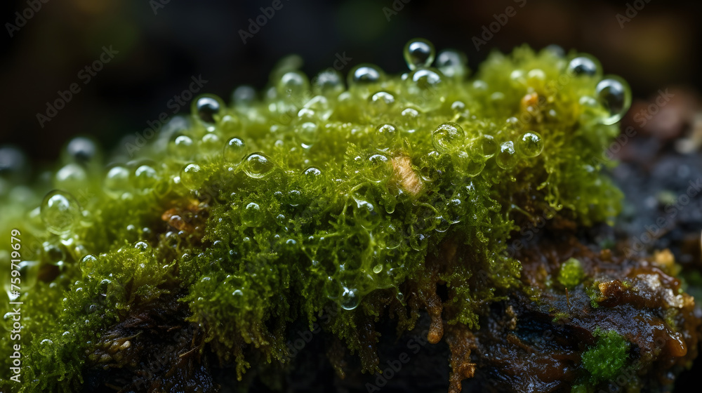 Poster wet and damp green algae lichen macro image