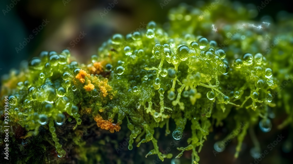 Poster wet and damp green algae lichen macro image