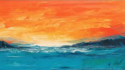 Photo sur Plexiglas Orange Abstract landscape painting with bright orange sky and blue sea, thick oil paints