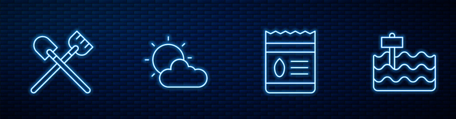Set line Pack full of seeds of plant, Shovel, Sun and cloud weather and Garden bed. Glowing neon icon on brick wall. Vector