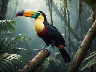 Fototapeta premium Vibrant Elegance, Toucan Perched in the Amazon Rainforest Jungle.