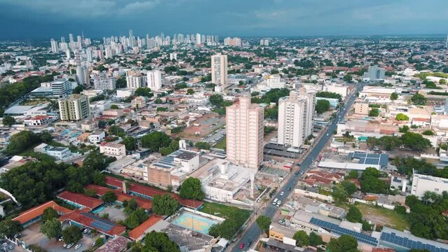 Aerial city scape at sunset in summer in central Cuiaba Mato Grosso