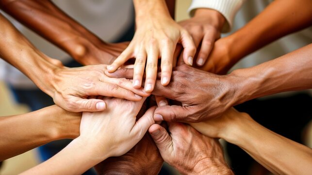 A powerful image of diverse hands coming together in unity and teamwork on a neutral background